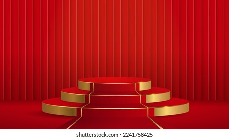 Realistic dark red and gold 3d vector shape for placing the product with copy space. Modern red-gold round podium with red carpet and red curtain Background. Vector illustration