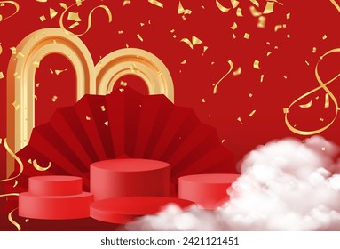 Realistic dark red and gold 3D cylinder pedestal podium with vertical texture in arch door. Minimal scene for products showcase, Chinese New Year, modern era