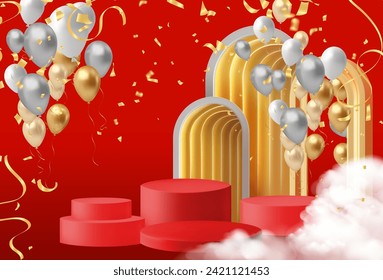 Realistic dark red and gold 3D cylinder pedestal podium with vertical texture in arch door. Minimal scene for products showcase, Chinese New Year, modern era