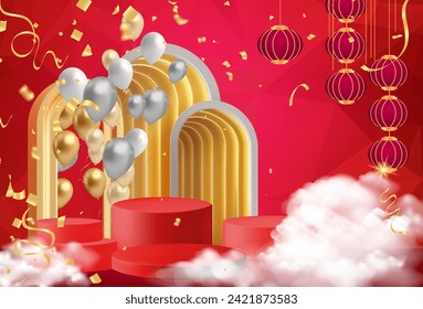 Realistic dark red and gold 3D cylinder pedestal podium with vertical texture in arch door. Minimal scene for products showcase, Chinese New Year, modern era