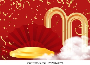 Realistic dark red and gold 3D cylinder pedestal podium with vertical texture in arch door. Minimal scene for products showcase, Chinese New Year, modern era