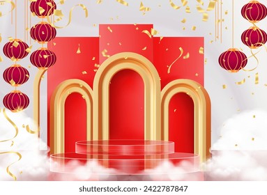 Realistic dark red and gold 3D cylinder pedestal podium with vertical texture in arch door. Minimal scene for products showcase, Chinese New Year, modern era