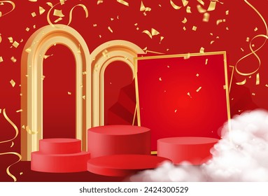 Realistic dark red and gold 3D cylinder pedestal podium with vertical texture in arch door. Minimal scene for products showcase, Chinese New Year, modern era