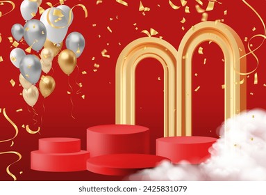 Realistic dark red and gold 3D cylinder pedestal podium with vertical texture in arch door. Minimal scene for products showcase, Chinese New Year, modern era