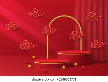Realistic dark red, gold cylinder pedestal podium set 3D background with elements in asian style. Minimal wall scene products showcase, Promotion display. Abstract room forms. Happy chinese new year.