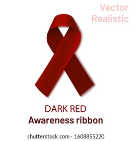 Realistic dark red ribbon folded in a loop on a white background. the crimson crossed ribbon is a symbol of the problem of amyloidosis and a symbol of support for the disabled. Vector dark red ribbon 