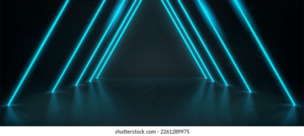 Realistic dark room with led light illumination. Vector illustration of mansard space, nightclub stage, modern art gallery interior design with neon blue lamps. Futuristic backgrouns for space game