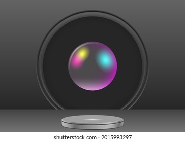 Realistic dark scene with a round pedestal and rainbow transparent sphere