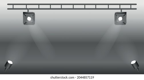 Realistic dark studio with spotlights lighting - Vector illustration