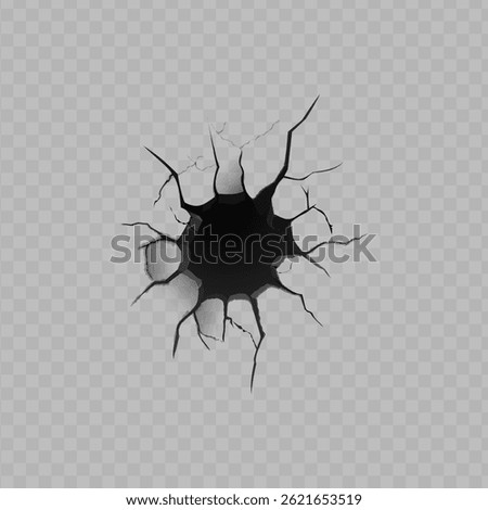 Realistic dark wall hole crack effect vector illustration. Broken land crevice or cracked ground on transparent background. Disaster top view, bullet crater. Abstract destruction concrete surface