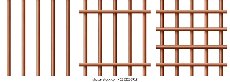 Realistic dark wooden lattice, rural picket fence. Farm or village house boundary, garden enclosing planks. Detailed wooden jail cage. Criminal background mockup. Creative vector illustration