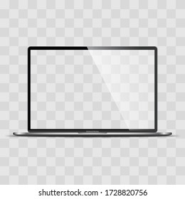 Realistic Darkgrey Notebook with Transparent Screen Isolated. 16 inch Laptop. Open Display. Can Use for Project, Presentation. Blank Device Mock Up. Separate Groups and Layers. Easily Editable Vector