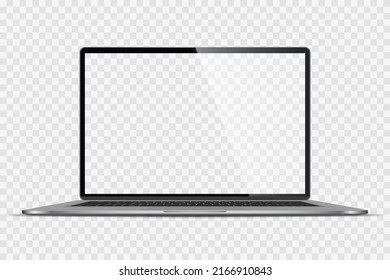 Realistic Darkgrey Notebook with Transparent Screen Isolated. New Laptop. Open Display. Can Use for Project, Presentation. Blank Device Mock Up. Separate Groups and Layers. Easily Editable Vector. PNG