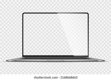 Realistic Darkgrey Notebook with Transparent Screen Isolated. New Laptop. Open Display. Can Use for Project, Presentation. Blank Device Mock Up. Separate Groups and Layers. Easily Editable Vector. PNG