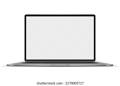 Realistisches dunkelgraues Notebook mit transparentem Bildschirm isoliert. Neues Notebook. Öffnen Sie die Anzeige. Kann für Projekt, Präsentation verwenden. Leeres Gerät, das nach oben geschoben wird. Separate Gruppen und Ebenen. Einfach bearbeitbarer Vektorgrafik. PNG