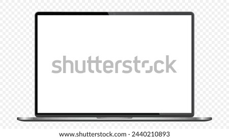 Realistic Darkgrey Notebook with Transparent Screen Isolated. Laptop. Open Display. Can Use for Project, Presentation. Blank Device Mock Up. Separate Groups and Layers. Easily Editable Vector.. PNG