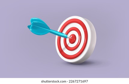 Realistic dart arrow hit the center of target. 3d render vector icon. Business target achievement concept. Business finance target, goal of success. Minimal style