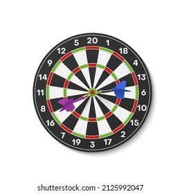 Realistic darts board with arrows in center vector illustration. Dartboard goal in bullseye competition achievement isolated. Successful business strategy, sport game leadership, target shot