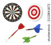 Realistic darts equipment collection vector illustration. Set of dart throwing boards with arrows competitive sport tools isolated on white. Round targets, striped dartboards for active hobby play