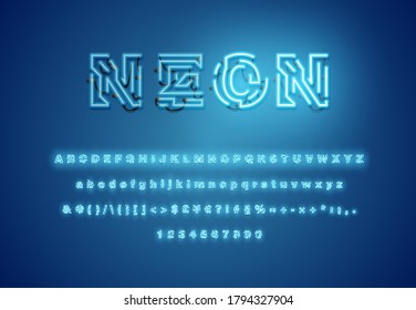 Realistic dashed neon font with shadows, glow and wires