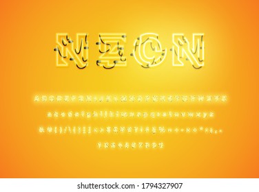 Realistic dashed neon font with shadows, glow and wires