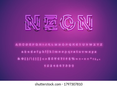 Realistic dashed neon font with shadows, glow and wires