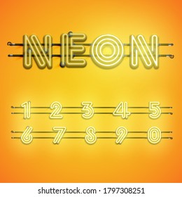 Realistic dashed neon font with shadows, glow and wires