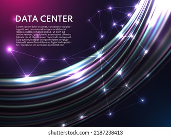 realistic data center vector concept with cables and connected shining dot in dark background with pink light