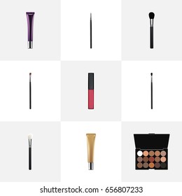 Realistic Day Creme, Beauty Accessory, Collagen Tube And Other Vector Elements. Set Of Maquillage Realistic Symbols Also Includes Pomade, Eye, Brush Objects.