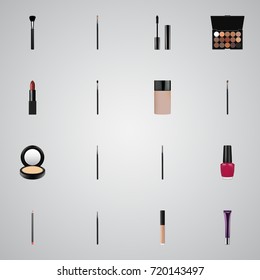 Realistic Day Creme, Brush, Multicolored Palette And Other Vector Elements. Set Of Greasepaint Realistic Symbols Also Includes Tassel, Eyelashes, Eyeshadow Objects.