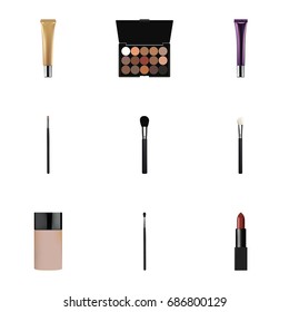 Realistic Day Creme, Concealer, Powder Blush And Other Vector Elements. Set Of Maquillage Realistic Symbols Also Includes Brush, Lipstick, Skincare Objects.