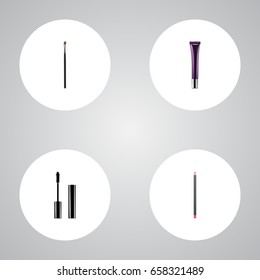 Realistic Day Creme, Eye Paintbrush, Eyelashes Ink And Other Vector Elements. Set Of Greasepaint Realistic Symbols Also Includes Eyelashes, Brow, Mascara Objects.