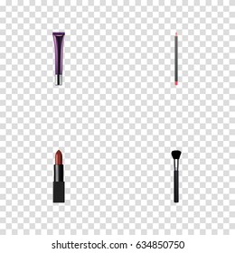 Realistic Day Creme, Fashion Equipment, Mouth Pen And Other Vector Elements. Set Of Maquillage Realistic Symbols Also Includes Brush, Lipstick, Cosmetic Objects.