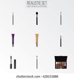 Realistic Day Creme, Make-Up Product, Collagen Tube And Other Vector Elements. Set Of Cosmetics Realistic Symbols Also Includes Makeup, Cream, Cosmetics Objects.