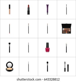 Realistic Day Creme, Make-Up Product, Contour Style Kit And Other Vector Elements. Set Of Greasepaint Realistic Symbols Also Includes Varnish, Contour, Collagen Objects.