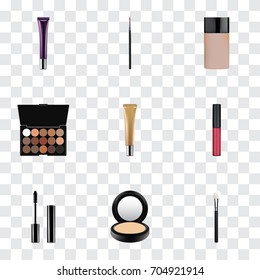 Realistic Day Creme, Multicolored Palette, Brush And Other Vector Elements. Set Of Greasepaint Realistic Symbols Also Includes Face, Blush, Brush Objects.