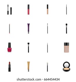 Realistic Day Creme, Pomade, Collagen Tube And Other Vector Elements. Set Of Cosmetics Realistic Symbols Also Includes Tassel, Makeup, Brow Objects.