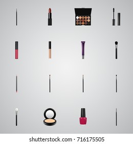 Realistic Day Creme, Varnish, Eyelashes Ink And Other Vector Elements. Set Of Greasepaint Realistic Symbols Also Includes Nail, Mascara, Eyeshadow Objects.