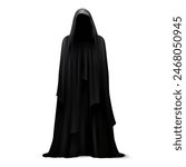 Realistic death hood, scary black robe. Isolated 3d vector eerie hooded grim reaper Halloween figure, cloaked in a dark, long, flowing gown, embodying essence of death, mystery, horror and anonymity