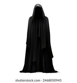 Realistic death hood, scary black robe. Isolated 3d vector eerie hooded grim reaper Halloween figure, cloaked in a dark, long, flowing gown, embodying essence of death, mystery, horror and anonymity