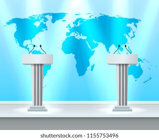 Realistic debate composition with two white tribunes for presentations to large audiences vector illustration