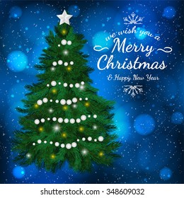 Realistic decorated Christmas tree. Bright Christmas card. Vector.