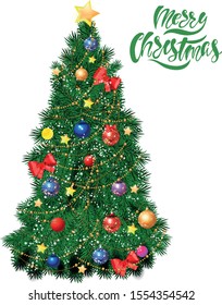 Realistic decorated Christmas tree with red ornaments and light bauble isolated on white background.