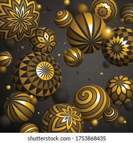 Realistic decorated golden spheres vector illustration, abstract background with beautiful balls of shiny gold with patterns and depth of field effect, 3D globes design concept art.