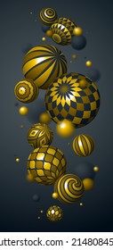 Esferas doradas decoradas realistas ilustración vectorial, fondo abstracto del teléfono con bellas bolas de oro brillante con patrones de papel tapiz de smartphone, globos 3D concepto de diseño arte.