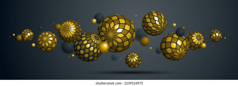 Realistic decorated golden spheres vector illustration, abstract background with beautiful balls of shiny gold with patterns and depth of field effect, 3D globes design concept art.