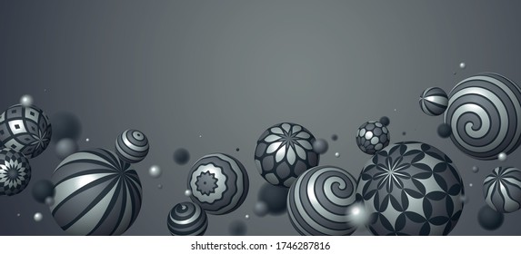 Esferas metálicas de decoración realista ilustración vectorial, fondo abstracto con bellas bolas de metal brillante con patrones y profundidad de efecto de campo, globos 3D concepto arte.