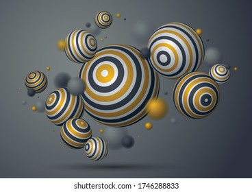 Esferas decoradas realistas ilustración vectorial, fondo abstracto con bellas bolas con patrones y profundidad de efecto de campo, globos 3D concepto arte.