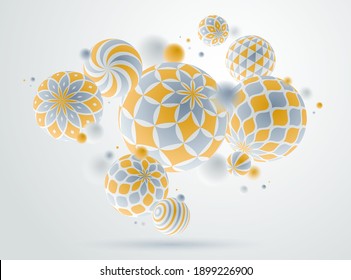 Realistic decorated spheres vector illustration, abstract background with beautiful balls with patterns and depth of field effect, 3D globes design concept art.