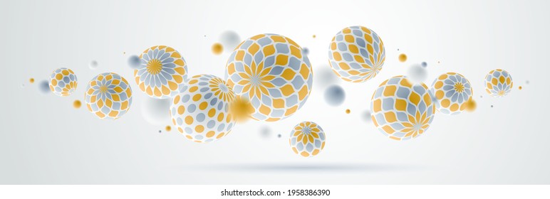 Realistic decorated spheres vector illustration, abstract background with beautiful balls with patterns and depth of field effect, 3D globes design concept art.
